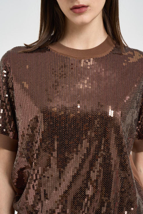 T-shirt donna con paillettes marrone - 2