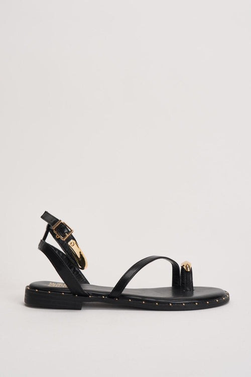 Sandalo donna nero con anello oro