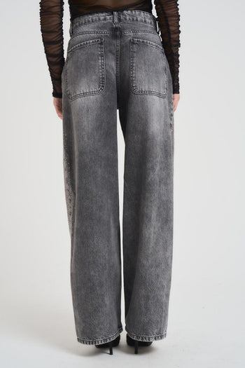 Jeans donna a palazzo in denim grigio con strass - 3