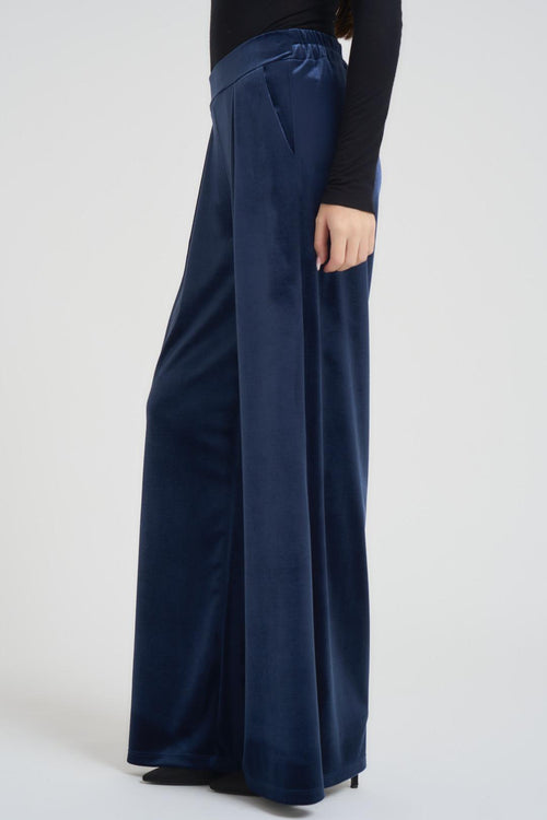 Pantalone donna a palazzo in velluto blu - 2