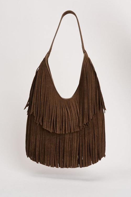 Borsa donna a spalla con frange marrone