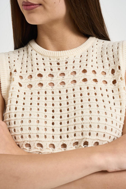 Top donna in maglia traforata panna - 2