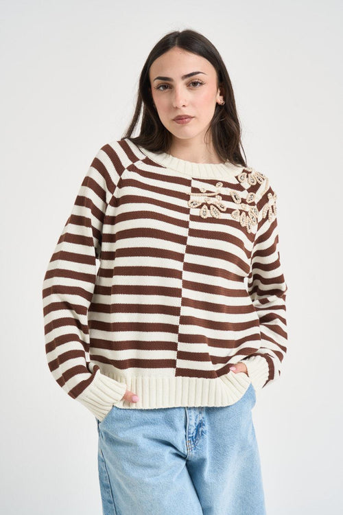 Maglia donna a righe panna e marrone
