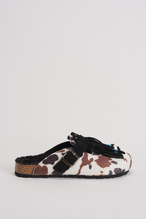 Sabot donna in suede animalier con frange