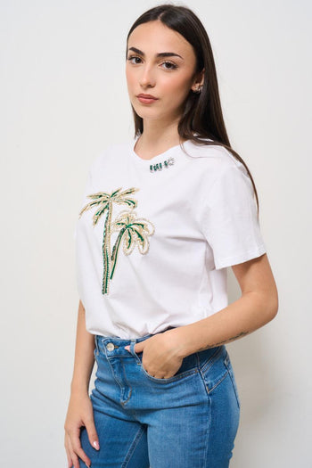 T-shirt donna girocollo bianca con strass - 3