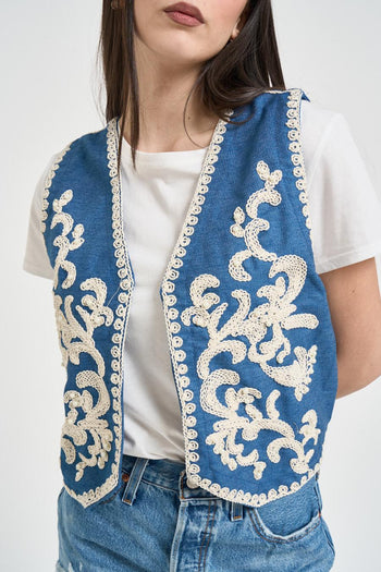 Gilet donna in cotone blu con ricami - 3