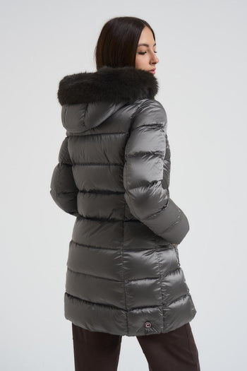 Piumino donna trapuntato con bordo in vera pelliccia grigio - 7