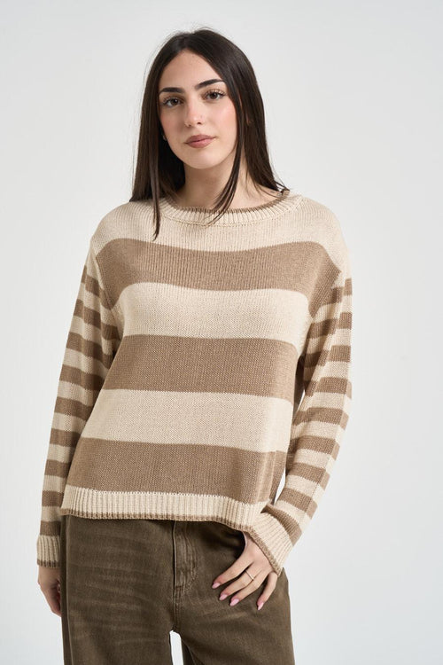Maglia donna a righe beige e tortora - 1