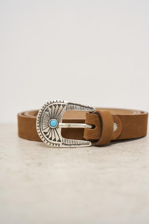 Women's cognac suede belt with stone - 2
