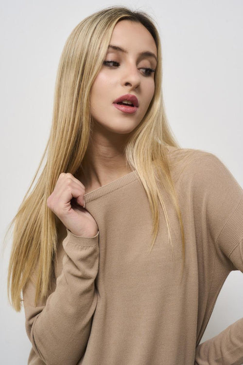 Women's beige crew neck sweater - 2