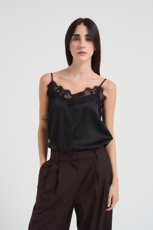 Top donna satin intarsi in pizzo nero