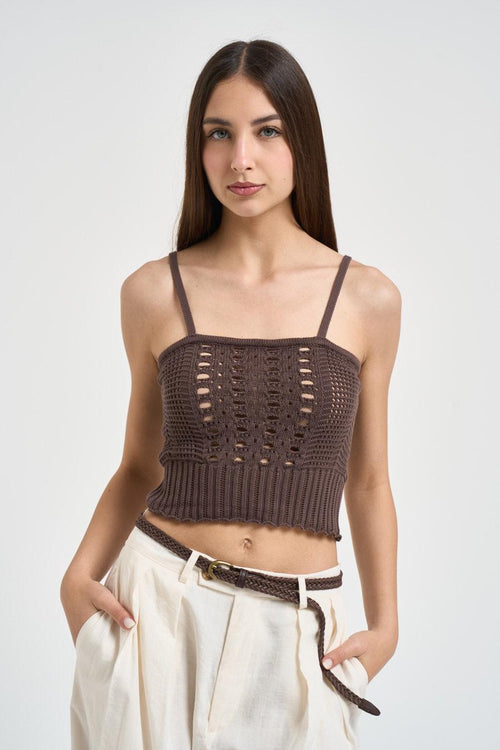 Top donna in maglia traforata marrone
