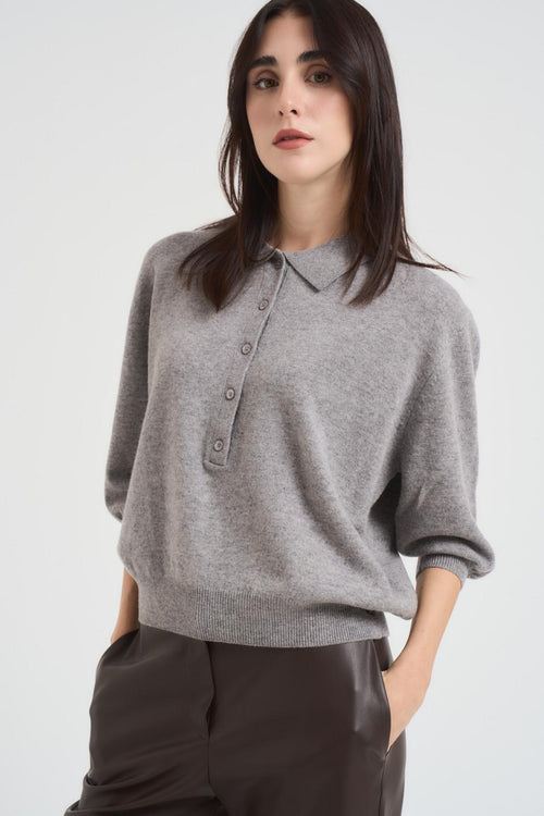Maglione pullover donna collo polo grigio - 2