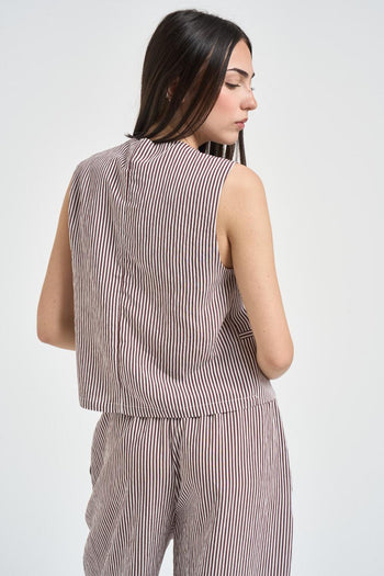 Top donna smanicato a righe bordeaux e bianche - 4