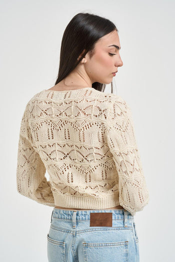 Cardigan donna cropped in maglia traforata panna - 3