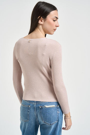 Maglia donna rosa cipria a costine - 3