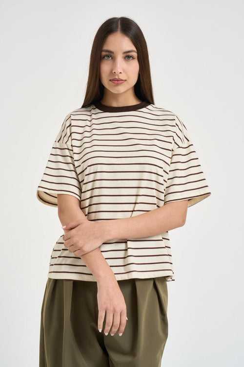 T-shirt donna a righe marrone - 1