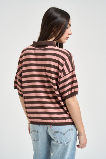 Polo donna in maglia a righe rosa e marrone - 3