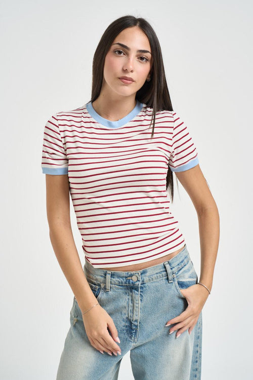 T-shirt donna a righe bianche e rosse