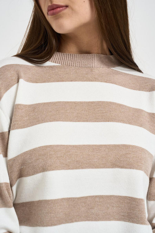 Maglia donna girocollo a righe bianca e beige - 2