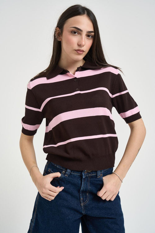 Polo donna a righe marrone e rosa - 1