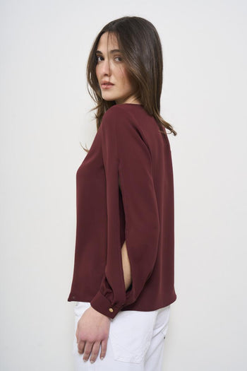 Women's burgundy cut-out crew neck blouse - 4