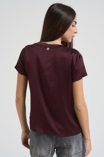 T-shirt donna girocollo satinata bordeaux - 3