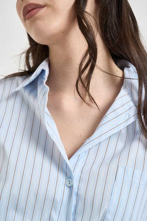 Camicia donna in cotone celeste e marrone - 2