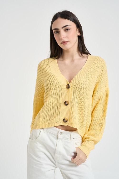 Cardigan donna in maglia giallo pastello - 1
