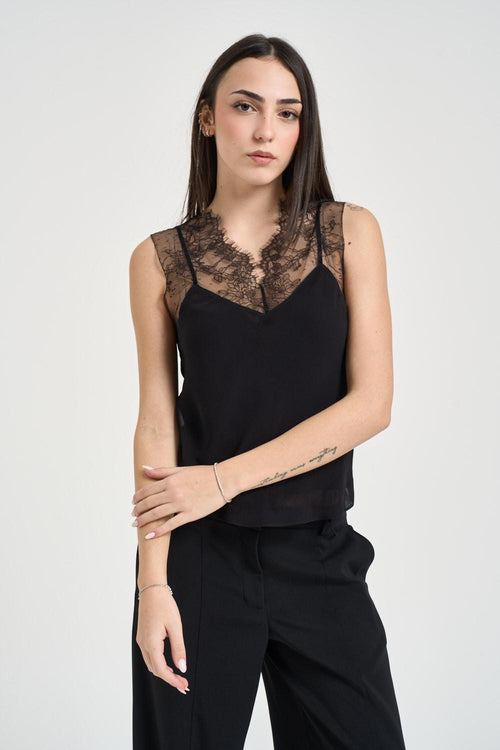 Blusa donna con inserti in pizzo nera - 1