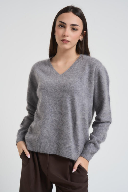 Maglia donna scollo a V grigio chiaro