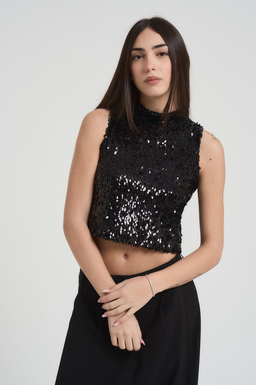 Top donna cropped con paillettes nere