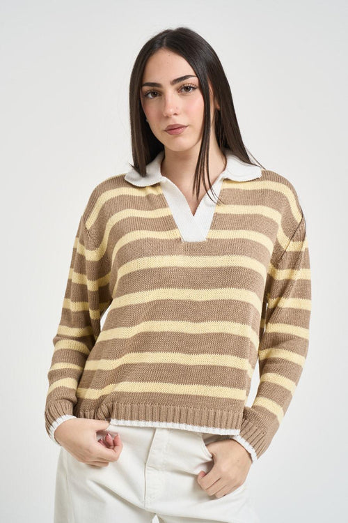 Polo donna in maglia a righe beige - 1