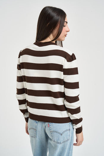 Maglia donna girocollo a righe bianca e marrone - 3