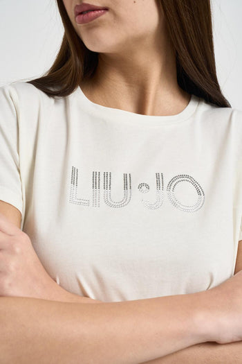 T-shirt donna logo con strass bianca - 3