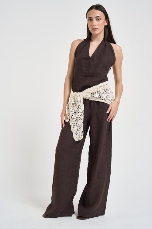 Pantalone donna in lino marrone