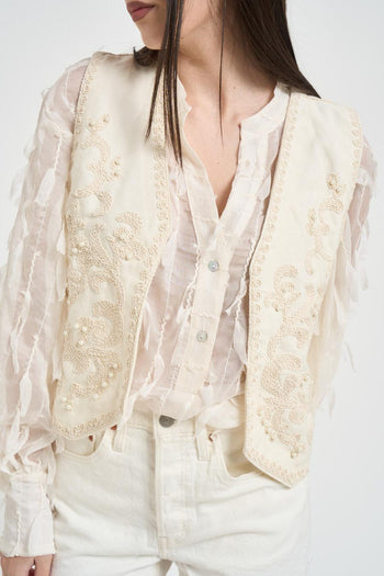 Gilet donna in cotone panna con ricami a contrasto - 3