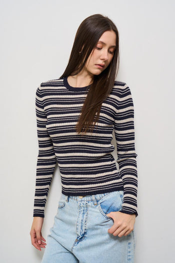 T-shirt donna girocollo a righe blu - 4
