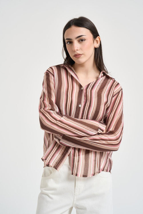 Camicia donna a righe rosa, panna e marrone