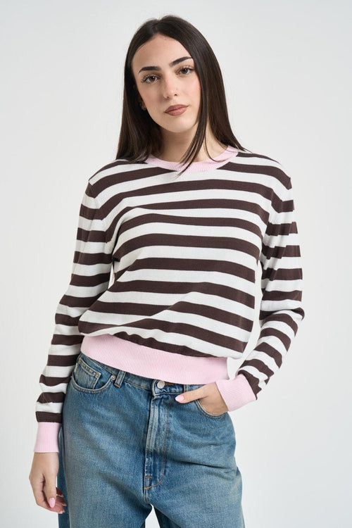 Maglia donna a righe bicolor marrone e panna - 1