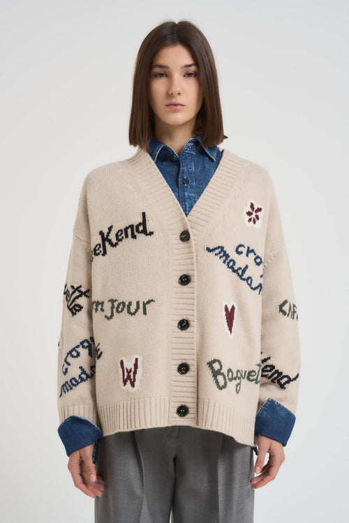 Cardigan donna beige Belgio con scritte ricamate - 2