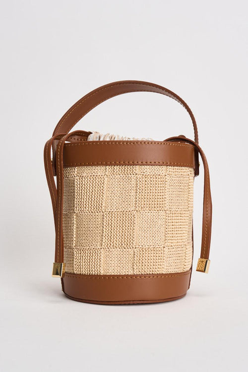 Borsa donna secchiello in rafia beige e cuoio