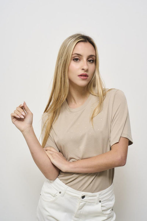 T-shirt donna girocollo beige con punti luce - 2