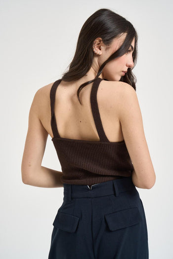 Top donna in maglia a costine marrone - 3