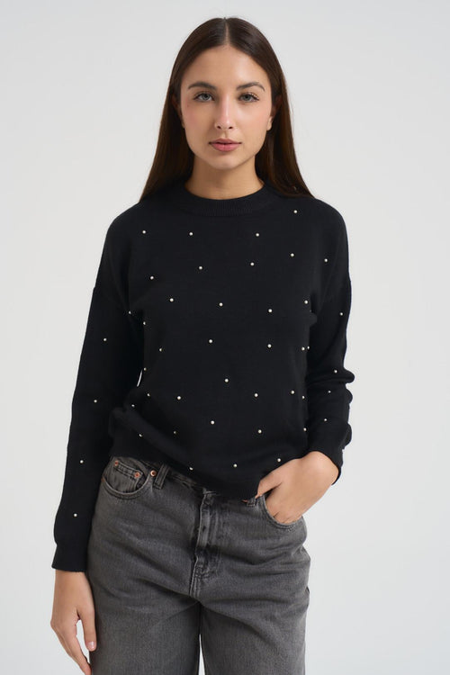 Maglia donna girocollo con strass nera