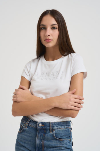 T-shirt donna girocollo bianca con strass - 3