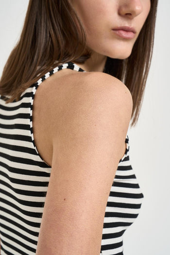 Top donna smanicato a righe nere e panna - 6