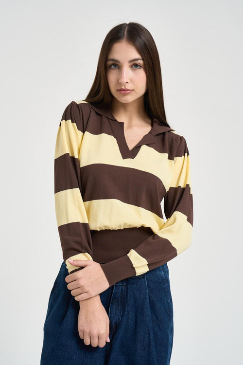 Polo donna a righe marrone e gialla