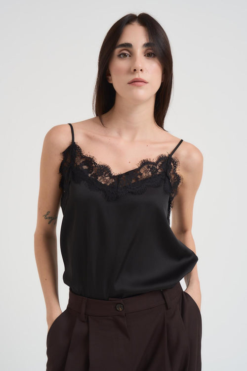 Top donna satin intarsi in pizzo nero - 2