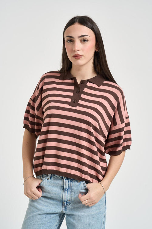 Polo donna in maglia a righe rosa e marrone - 1